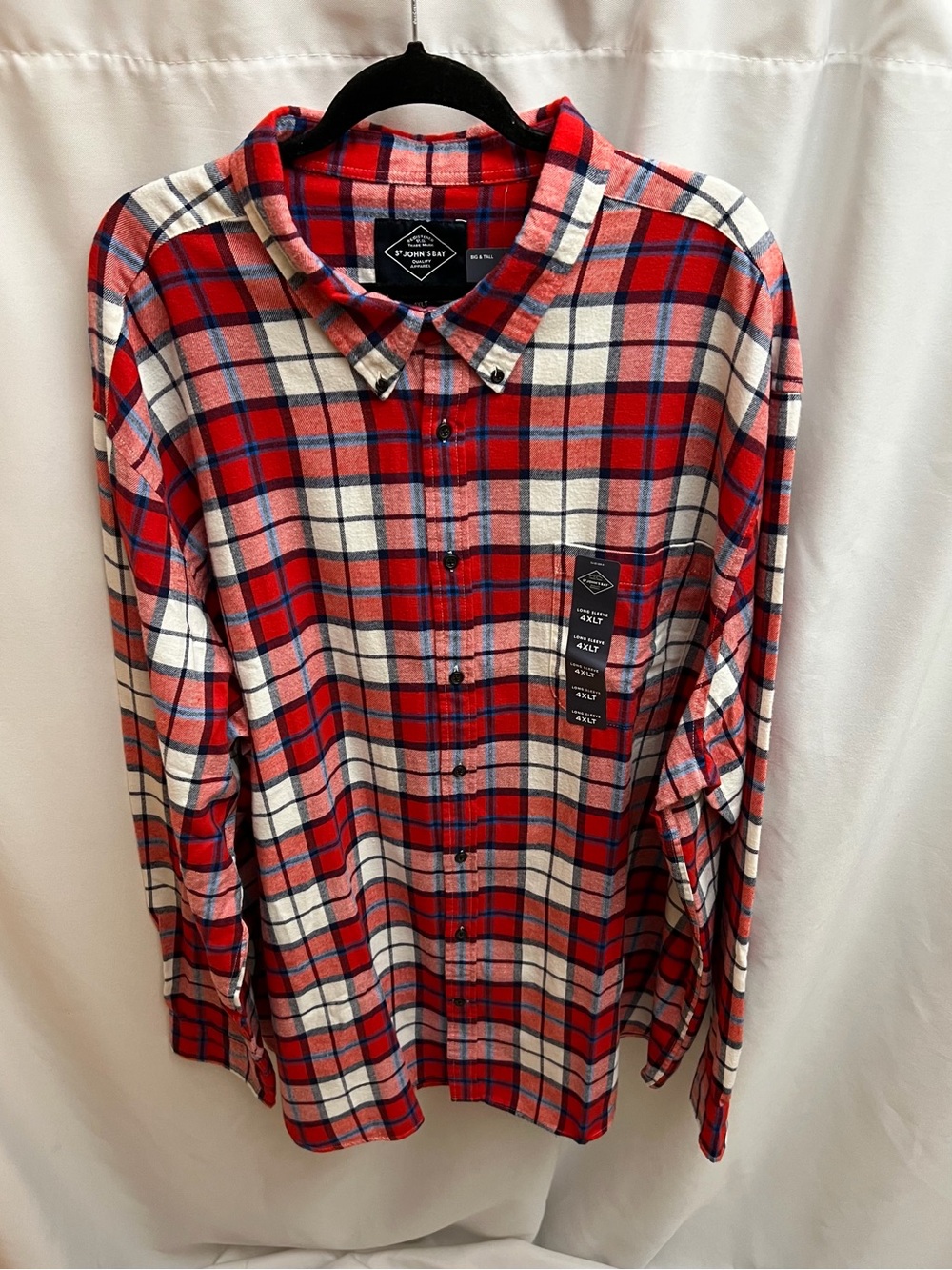 St. John’s Bay Men’s 4XLT Plaid Flannel Shirt Red Blue Cotton Button Up